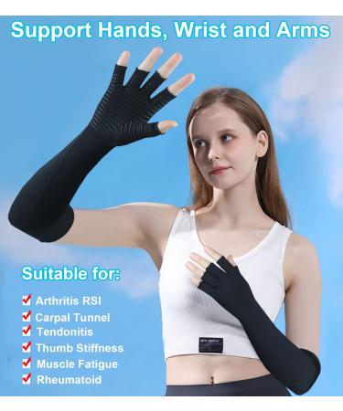 Copper Long Arthritis Gloves | Fingerless Hand Compression Sleeves | Carpal Tunnel Support for Men & Women | Medium Black | 1 Pair - Buy Online on GoSupps.com