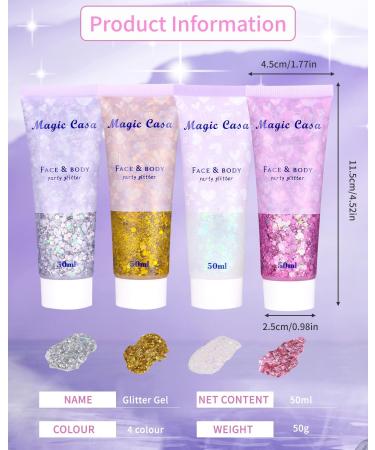 Shop Tidevan 4 Piece Body Glitter Gel 50ml Chunky Liquid Makeup for Face Hair Lips & Nails Perfect for Festivals & Parties in Silver Gold Pink & White - Buy Online on GoSupps.com