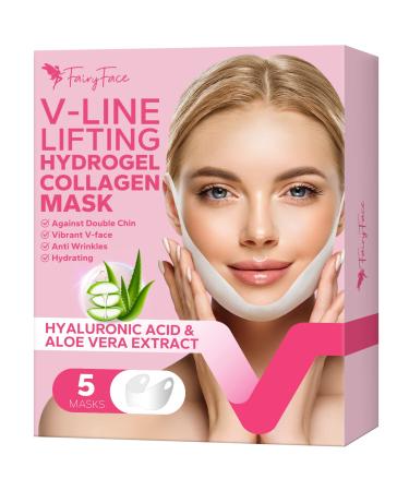 FairyFace V Line Shaping Face Masks (5 Count) Double Chin Reducer Lifting Hydrogel Collagen Mask with Aloe Vera and Seaweed Anti-Aging and Anti-Wrinkle Masks 5 Count (Pack of 1)