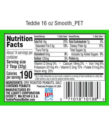 Teddie All Natural Smooth Peanut Butter - Gluten Free, Vegan - 16 oz Plastic Jar - Buy Online on GoSupps.com