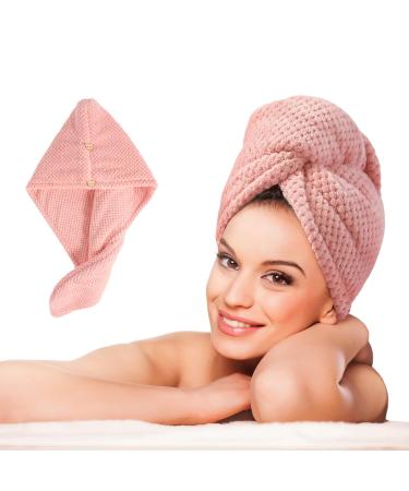 LTBL microfiber hair cloth wrap large double-layer thickened hair drying towel with button fast drying hair towels for women (light pink)