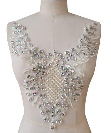 Handmade Rhinestones lace Applique handsewing Beads Patches Trimming for Dress Clothing Skirt Neckline Accessories (Multicolor)