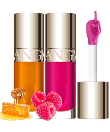 LANGMANNI Hydrating Lip Glow Oil Moisturizing Nourishing Lip Oil Transparent Gloss And Non-sticky Lip Oil For Dry Lips Lip Care (#01 Honey+#02 Raspberry)
