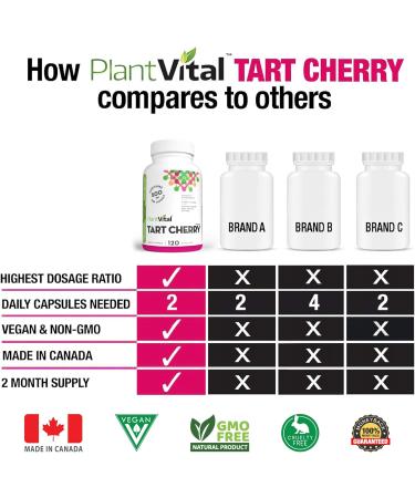 PlantVital Tart Cherry Capsules -1 000mg (two capsules) Per Day -10:1 Cherry Extract - Montmorency Tart Cherry Supplement for Antioxidants - Made in Canada - 2 Months Supply -120 Capsules 120 count (Pack of 1) - Buy Online on GoSupps.com