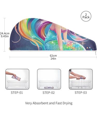 Cartoon Rainbow Mermaid Hair Towels 2 Pack | Super Absorbent Quick Dry Hair Turbans for Women & Girls - Buy Online on GoSupps.com