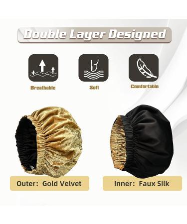 UNCN Large Golden Velvet Bonnet for Curly Hair | Satin Bonnet for Long Braids | Elastic Band Hair Bonnet for Women - Yellow - Buy Online on GoSupps.com