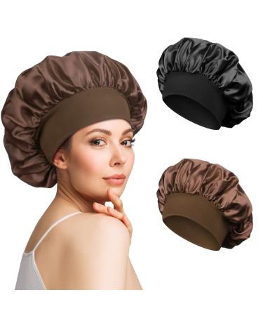2pcs Satin Bonnet Silk Bonnet for Curly Hair Hair Bonnet Silk Hair Wrap for Sleeping Night Sleep Cap for Women (Black Coffee)