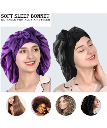 Classycoo 2PCS Large Satin Sleep Bonnet Set - Adjustable Silk Bonnet for Women and Men | Black + Purple - Buy Online on GoSupps.com