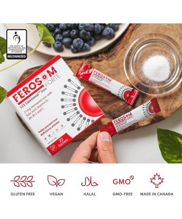 Ferosom Forte LCE Liposomal Iron Supplement Powder Gentle on the Stomach 21g Elemental Iron with Vitamin B12 B6 D C Folic Acid Berry Flavor Powder or Liquid Iron Drink 20 Vegan Iron Sachets - Buy Online on GoSupps.com