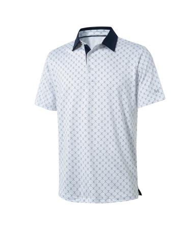 Golf Shirts for Men Dry Fit Short Sleeve Print Performance Moisture Wicking Polo Shirt White Large