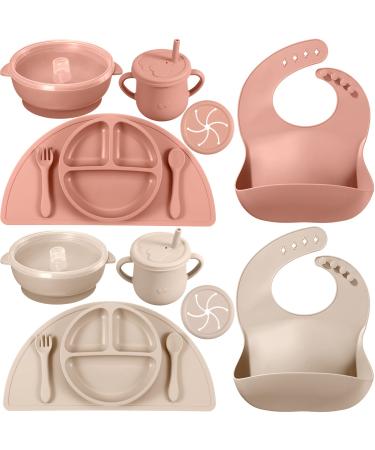 16 Pack Baby Feeding Supplies Set Silicone Baby Led Weaning Suction Plates and Bowls Silicone Bibs Anti Slip Placemat Baby Spoons Forks Snack Cups Toddler Eating Utensil Set (Beige Orange)