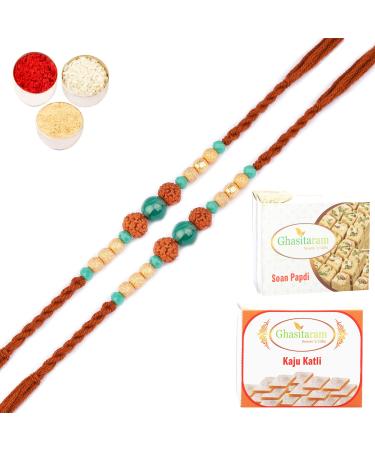 Ghasitaram Gifts Rakhi for Brother Rakhis Online - Set of 2-1891- Rudraksh Rakhi with 200 GMS of Kaju katli and 200 GMS of Soan Papdi