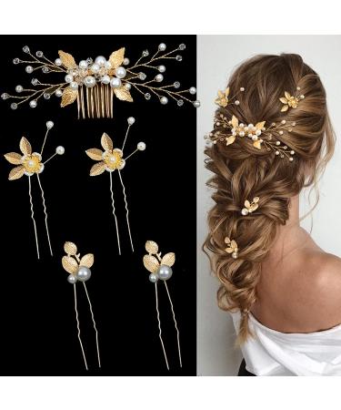 5 Pieces Gold Bridal Wedding Hair Combs Pearl Hair Pins Clips Headpiece Vintage Hair Accessories Jewelry with Pearls for Brides Bridesmaids Flower Girls (Leaf Pearl Style)