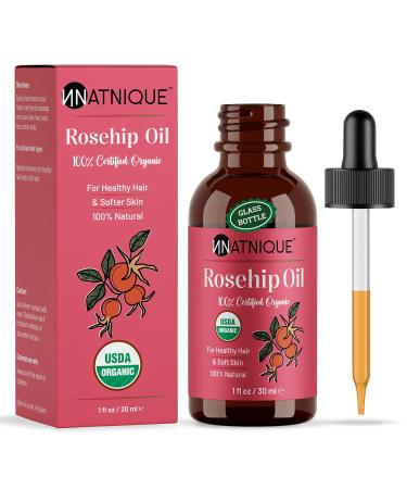 Natnique Organic Rosehip Seed Oil 1 oz USDA Certified Cold-Pressed Moisturizer for Face Skin & Hair Natural Hydrating Serum for Wrinkles & Fine Lines Ideal for Gua Sha Massage & Radiant Glow