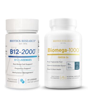 Biotics Research B12-2000 & Biomega-1000 Omega-3s Fish Oil softgels High Potency Vitamin B12 B6 Folate & EPA/DHA Energy Heart Brain Methylation & Immune Support- 60 Lozenges + 90 Softgels