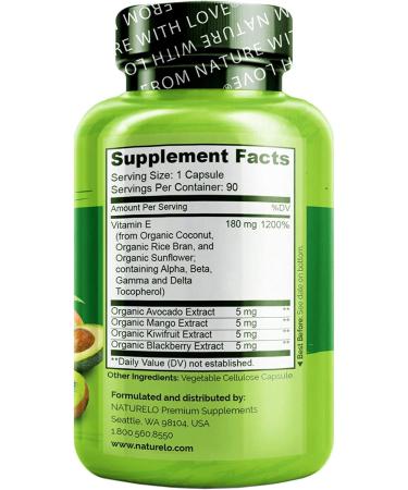 NATURELO Vitamin E 300 IU Supplement - Organic Whole Foods, Healthy Skin, Hair, Nails, Immune & Eye Health - 90 Vegan Capsules - Non-GMO, Soy Free - Buy Online on GoSupps.com