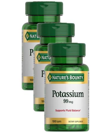 Nature's Bounty Potassium 99mg Supports Fluid Balance and Muscle Activity Involved in Normal Heart Function Potassium Gluconate Dietary Supplement 1 Per Day 100 Vegetarian Caplets (Pack of 3)