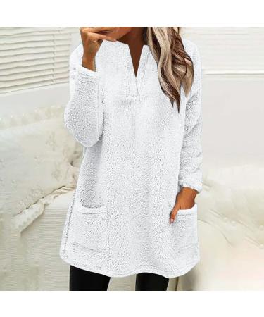 AMhomely Women's Plus Size Soft Teddy Fleece Hooded Jumper | Double Fleece Casual Hoodie with Pocket | V-Neck Sweatshirt for Winter | Lightweight Lounge Top - White S - Buy Online on GoSupps.com