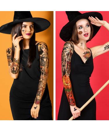 Halloween Full Arm Temporary Tattoos - Pumpkin & Spider Design | 44 Sheets | Horror Theme Party Decorations - Buy Online on GoSupps.com