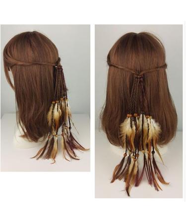 Set of 3 Handmade Boho Hippie Hair Rope Hair Band Headbands Head Wrap Elastics Feather Hair Tie Ponytail Holders Headdress Hair Accessories for Women Lady Girls (Brown) - Buy Online on GoSupps.com