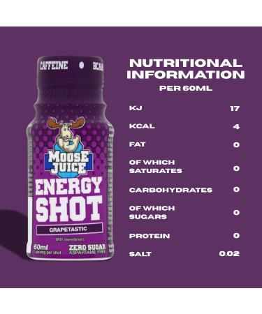 Muscle Moose Moose Juice Energy Shots Caffeine Drink BCAA & B Vitamins Zero Sugar Aspartame Free Grapetastic 60ml 12 Shots Grapetastic 60 ml Pack of 12 - Buy Online on GoSupps.com