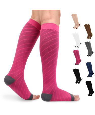 Knee High Medical Compression Socks for Women & Men 20-30 mmHg Graduated Compression Stockings Open Toe Circulation Support Pressure Hose for Sports Flight Edema Varicose Veins DVT Rose Red Large