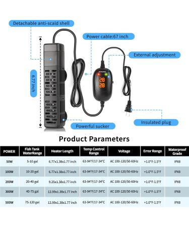 Hitauing Aquarium Heater - 50W/100W/300W/500W with Over-Temperature Protection & Auto Shutoff for Salt & Freshwater Tanks - Buy Online on GoSupps.com