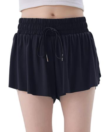 Girls Flowy Shorts with Pockets 2 in 1 Youth Teen Kids Athletic Butterfly Skirts Running Sports Dance Skort Black X-Small