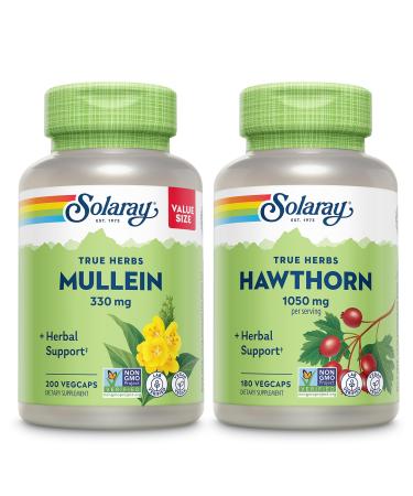 SOLARAY Mullein Leaf 330 mg and Hawthorn Berry Capsules 1050 mg - Soothing Herbal Support Bundle for Overall Health and Wellness - Vegan Non-GMO 60-Day Guarantee Lab Verified 200/180 VegCaps
