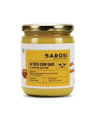 Barosi A2 Cow Ghee 17 Ounce Clarified Butter Produced from Grass Fed A2 Cow Milk Hand crafted Aromatic & Pure Sustainable Glass Packaging 1 Pack