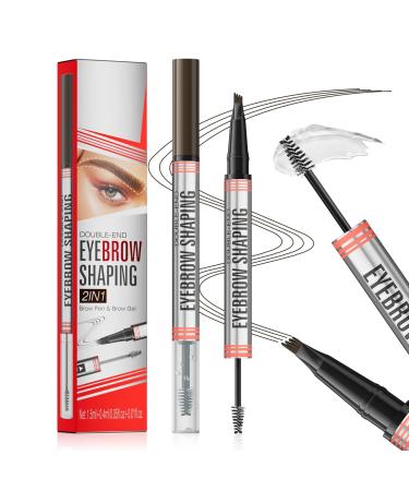 Microblading Eyebrow Pen - 2-in-1 Dual-Ended Eyebrow Pen with 4-Fork-Tip & Eyebrow Brush and Sealing Brow Gel Creates Natural Looking Brows Effortlessly (Dark Brown)
