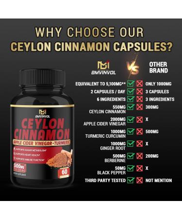 Ceylon Cinnamon Capsules - 5100mg Herbal Supplement with Apple Cider Vinegar, Turmeric, Ginseng & Berberine for Antioxidant Support - Buy Online on GoSupps.com