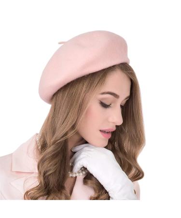 Gllutt Women Wool Beret Hat French Style Solid Color Pink