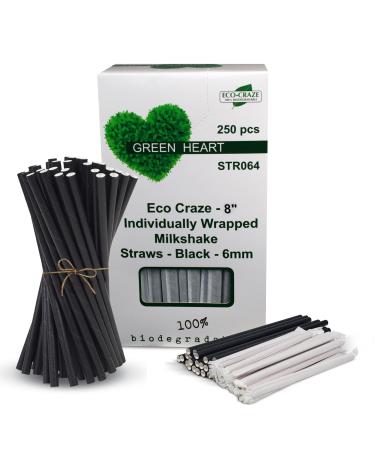 Eco-Craze - 8" Ind. Wrapped Milkshake Straws - Paper - Black - 6mm 250 ct 8" Black