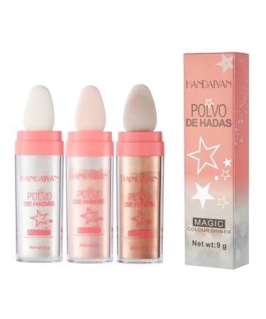 TENGLONG 3PCS Magic Highlighter Powder Stick Makeup Polvo De Hadas Fairy Highlight Patting Powder Body Brightens the Natural Three-dimensional Face Powder Blusher White+Pink+Brown