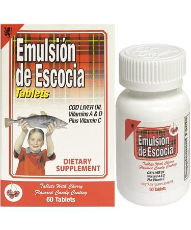 Buy EMULSION DE ESCOCIA Cod Liver Oil - Immune Support Dietary Supplement with Vitamins A B1 D & E - Cherry Flavor (60 Tablets) - International Shipping Available - Buy Online on GoSupps.com