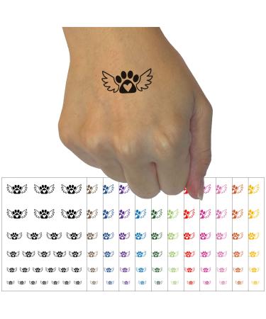 Paw Print Angel Wings with Heart Dog Cat Temporary Tattoo Water Resistant Fake Body Art Set Collection - Black (One Sheet)