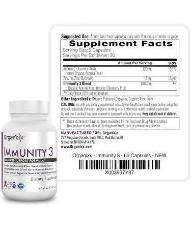 Organixx Immunity 3 Immune Support Supplement Vitamin C, Zinc, Elderberry Whole Food Immune Defense for Adults & Kids, Greater Absorption, Non GMO, 60 Capsules - Buy Online on GoSupps.com