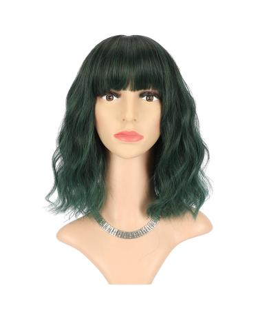 FAELBATY Short Curly Wave Wig With Bangs Wavy Synthetic Cosplay Bob Wig loose wave for women Costume Wigs ombre Black to green Color