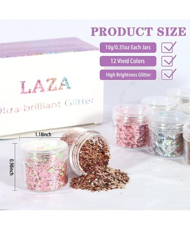 Laza 12 Colors Holographic Chunky Glitter for Nail Art, Face, Body, Hair - Gold Silver Pink - Buy Online on GoSupps.com