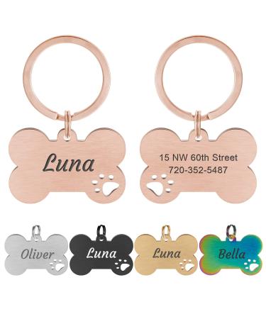 Natiform Personalized Pet ID Tags, Brushed Stainless Steel Dog Tags, Customizable Text, Engraved on Both Sides, Hollowed Paw Shaped Collar Pendant M Rose Gold