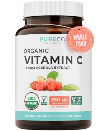 Certified Organic Vitamin C Supplement - Whole Food Acerola Vitamin C Immune Support Supplement for Seasonal Wellness with Naturally Occurring Bioflavonoids Polyphenols & Cofactors (1 Month Supply) Organic Vitamin C 60 Count