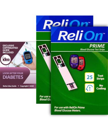 ReliOn Prime Blood Glucose Test Strips 25 Ct (2 Pack) Bundle with Exclusive Look After Your Diabetes - Better Idea Guide (3 Items)