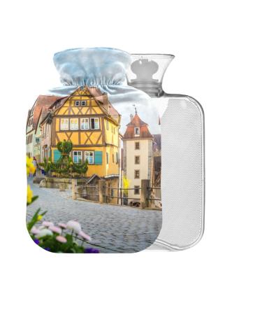 Medieval city flowers spring-free hot water bottle with cover 2 l large hot water bag for pain relief headache neck and shoulders