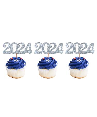 24 Pack 2024 Cupcake Toppers Glitter 2023 Food Cake Picks Decoration for New Year Birthday Wedding Graduation Party Dessert Decoration (Silver)