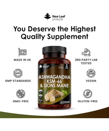 Ashwagandha KSM-66 and Lions Mane Capsules - High Strength 2000mg KSM-66 Ashwaghandha Root Extract and Lions Mane Mushroom Extract - 120 Vegan Capsules with Black Pepper - UK Made by New Leaf Ashwagandha KSM & Lions Mane - Buy Online on GoSupps.com