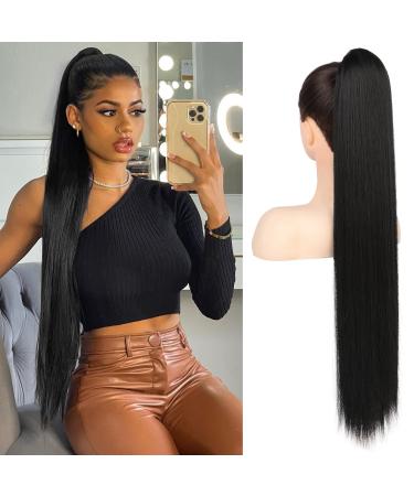 Flufymooz ponytail extension horse -tailed extension 76 cm long straight ponytail with cord curly ponytail Synthetic hair part for women (natural black) 76 cm natural black