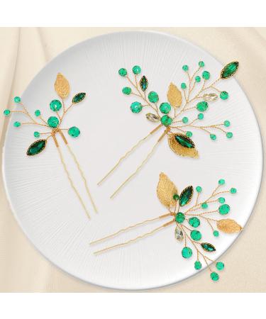 Lusofie 3Pcs Emerald Green Rhinestone Bridal Hair Pins | Gold Flower Leaves Wedding Hair Piece for Women Girls - Buy Online on GoSupps.com