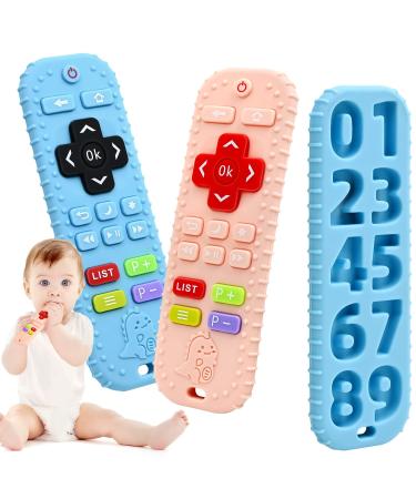 Teething Relief Teethers Toys for Babies 3-6-12 Months Gifts  Silicone Remote Control Baby Teething Toys for 3 6 9 Months Newborn Infant Boy Girl Autism  Food Grade Silicone Sensory Bath Toys Blue & Pink