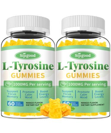 L-Tyrosine Gummies for Adults and Kids - 1000mg L-Tyrosine Supplement Focus Gummies for Brain, Mood, Energy Support, Vegan & Gluten-Free, Mango Flavor, 120 Count 60 Count (Pack of 2)